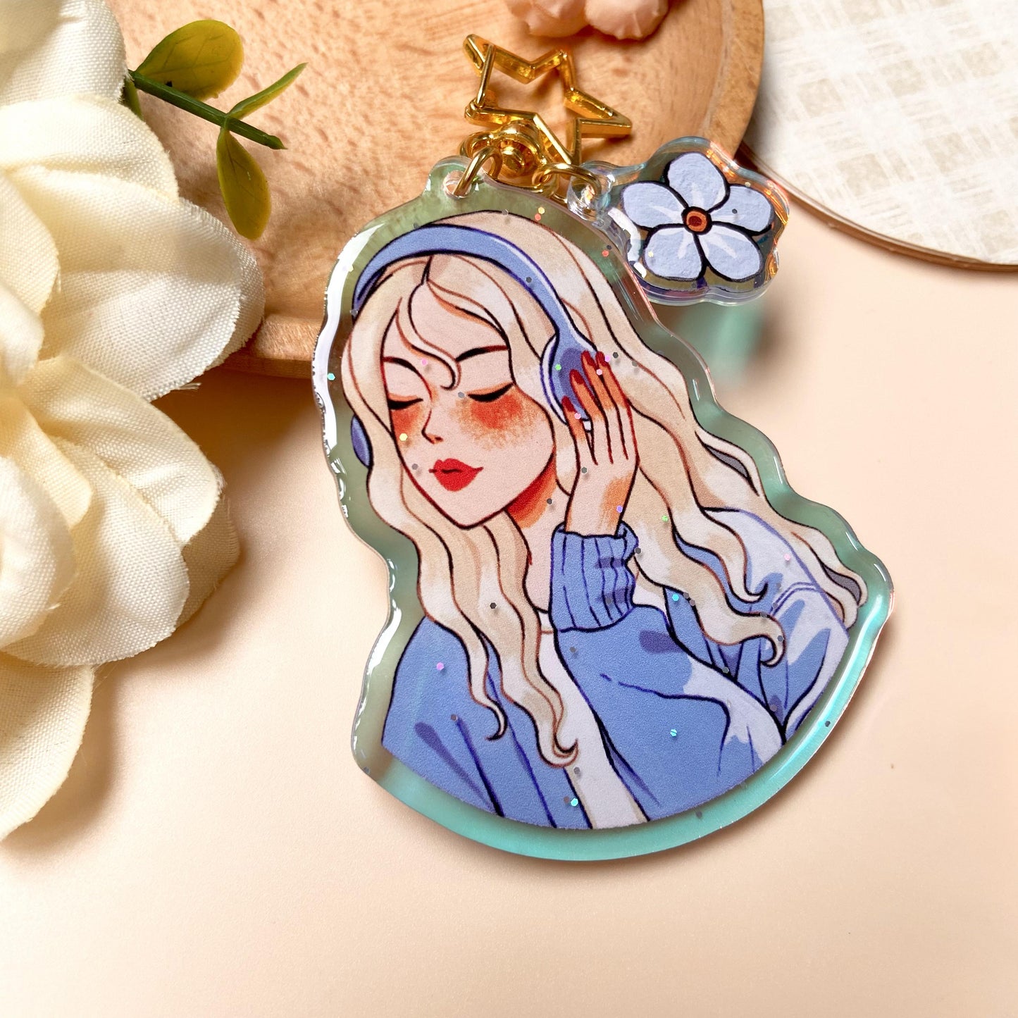 Forget Me Not Holographic Keychain with Glitter Epoxy