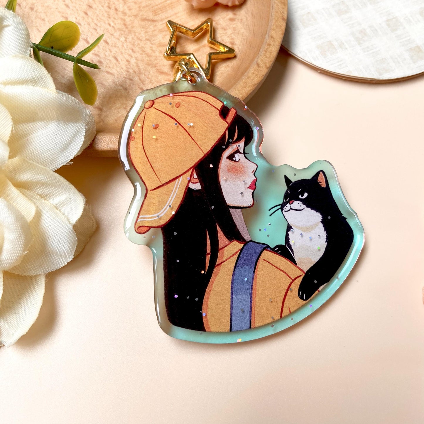 Feline Frenzy Holographic Keychain with Glitter Epoxy