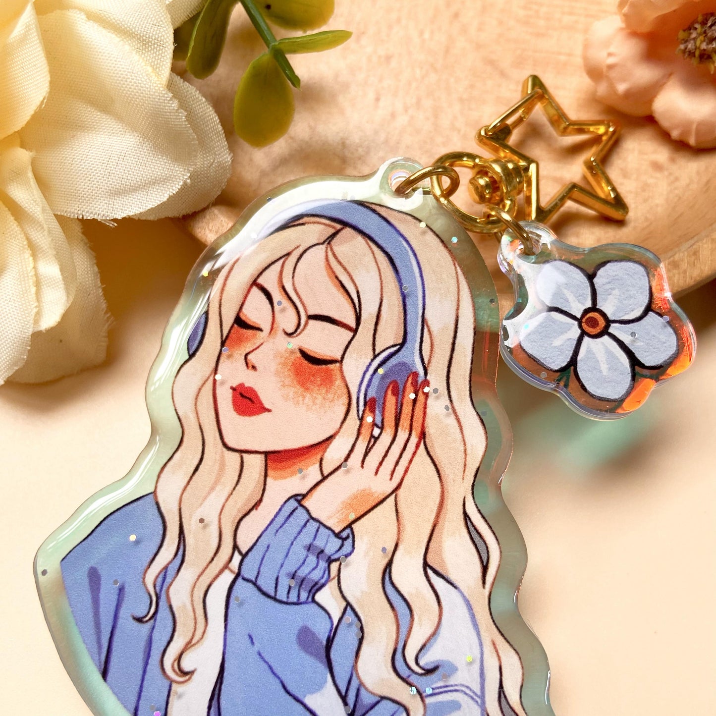 Forget Me Not Holographic Keychain with Glitter Epoxy