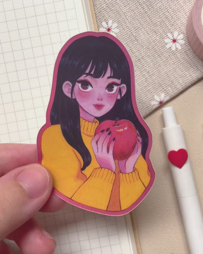 The Red Apple Girl Matte Holographic Sticker